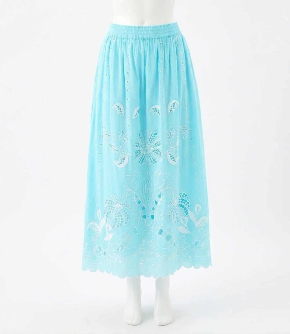 NEW KAREN KANE cut-out embroidery midi skirt in aqua